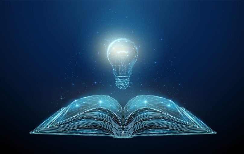 Abstract open book with light bulb. Low poly style design. Blue geometric background. Wireframe light connection structure. Modern 3d graphic concept. Isolated vector illustration.